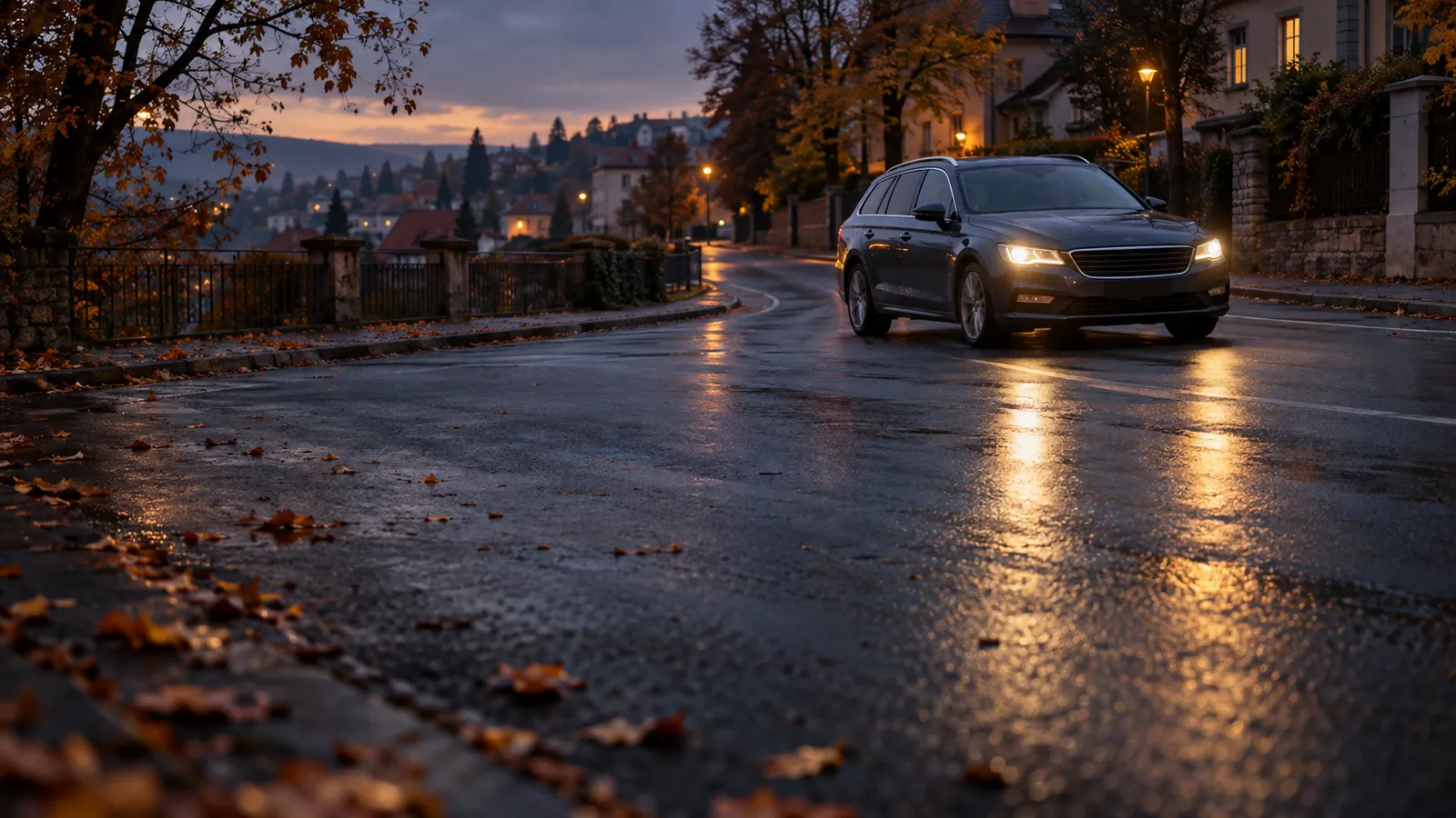 Auto se zapnutými světlomety projíždí podzimní ulicí, nad kterou se stmívá.